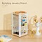 Earring Holder Organizer, 360 Rotating Jewelry Holder with Ring Tray/Necklace/Bracelet/Ring Hooks, White Earring stand with 4 Sides and 2 Wooden Trays for Jewelry Display (Upgraded)